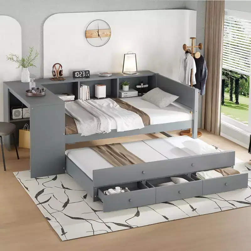 Twin/Full Size Daybed with Trundle, Wood Bed Frame with Desk, Storage Drawers & Shelves, No Box Spring Needed - ModernLuxe