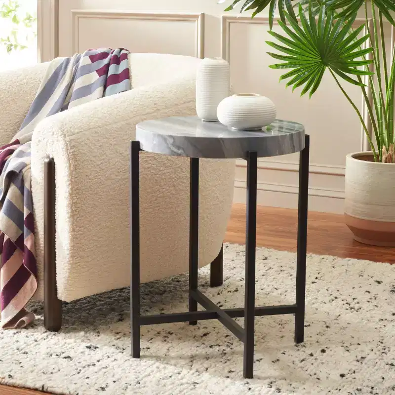 Gustavia Round Accent Table - ACC9805 - Grey Marble/Black - Safavieh