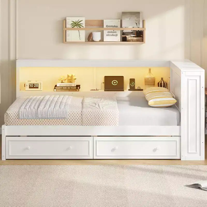 Full Size Corner Bed with Storage Drawers, Bookcase, L Shaped Wood Day Bed Frame with Bookcase Headboard for Living Room
