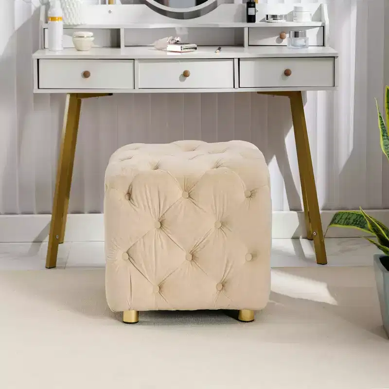 MAYEERTY Velvet Upholstered Ottoman, Small End Table Foot Stool Makeup Chair, Living Room Bedroom Entrance, Pink