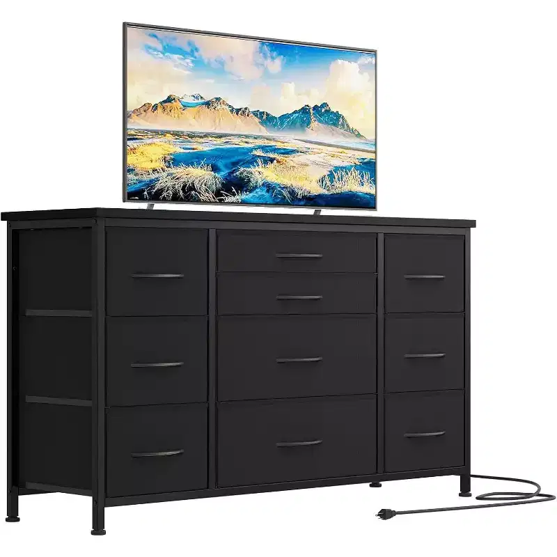 Fabric Dresser with 10 Storage Drawer for Bedroom,55 TV Stand with Power Outlet,Sturdy Metal Frame, Wood Tabletop for Guest Room, Closet, Entryway