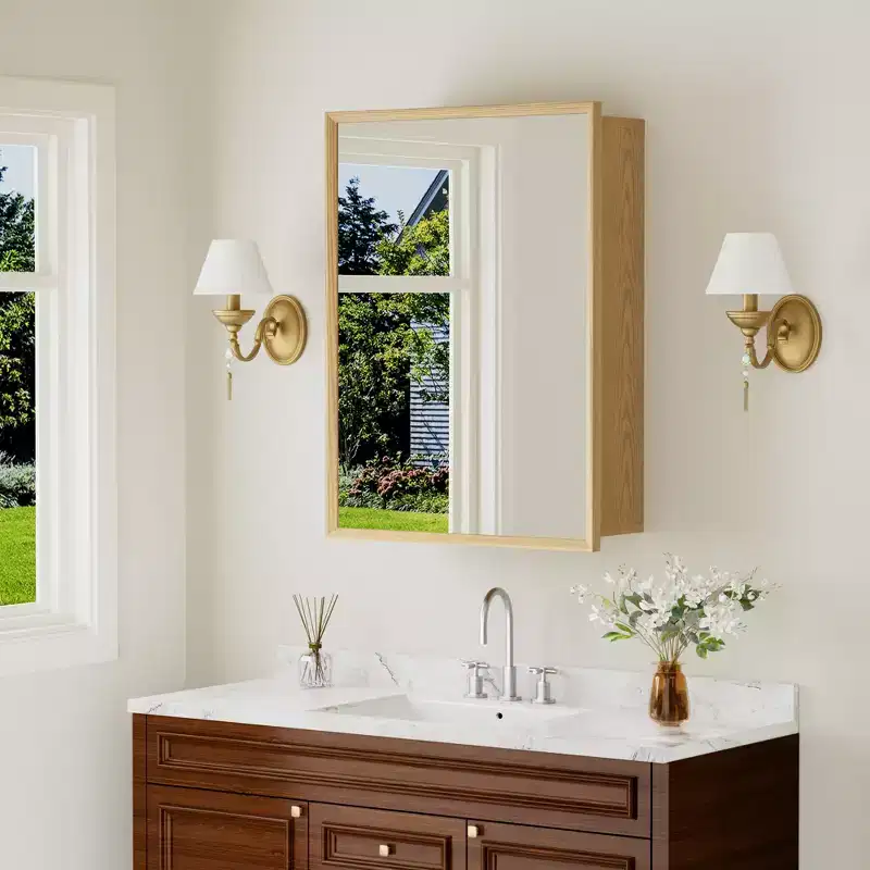 Bathroom Wall Cabinet with Mirror,Oak Wooden Storage Cabinet with Adjustable Shelves for Bathroom Organization