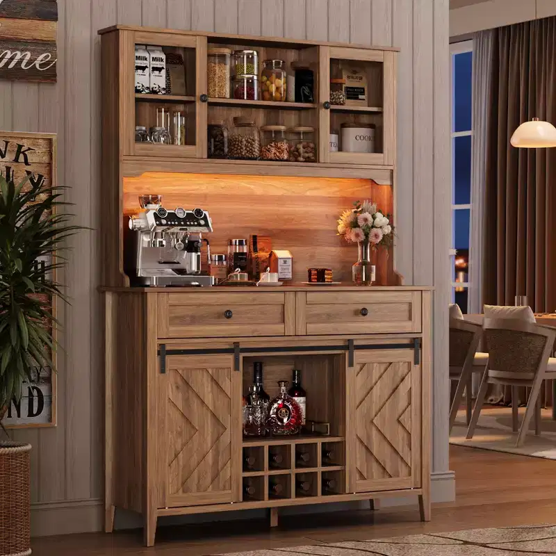 Wine Bar Cabinet, Farmhouse Kitchen Pantry Storage Cabinet with Wine Racks & Drawers, LED Lighted Kitchen Hutch with Sliding Doors