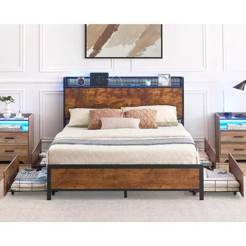 Acekool Bed Frame with Storage Drawers, LED Lights, Charging Station & Strong Wooden Slats