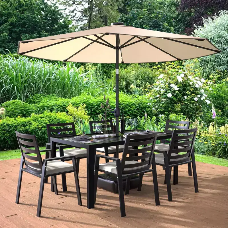LesiureMod Chelsea 7 PCS Patio Dining Set - Outdoor Aluminum Dining Table with Umbrella Hole and Arm Chairs with Cushion