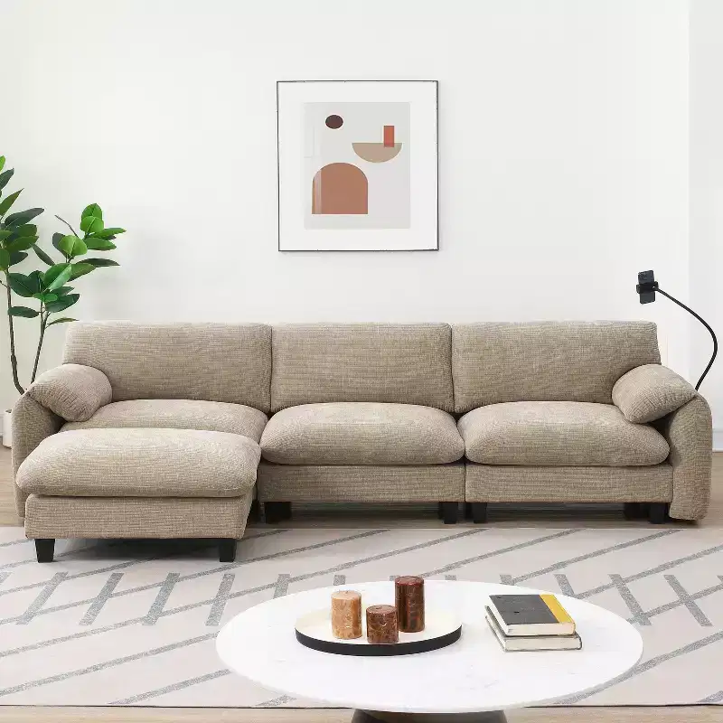 Whisen 108 Striped Chenille Modular L-Shaped Sectional Sofa with Wide Seat, USB/Type-C Chargers & Storage Ottoman