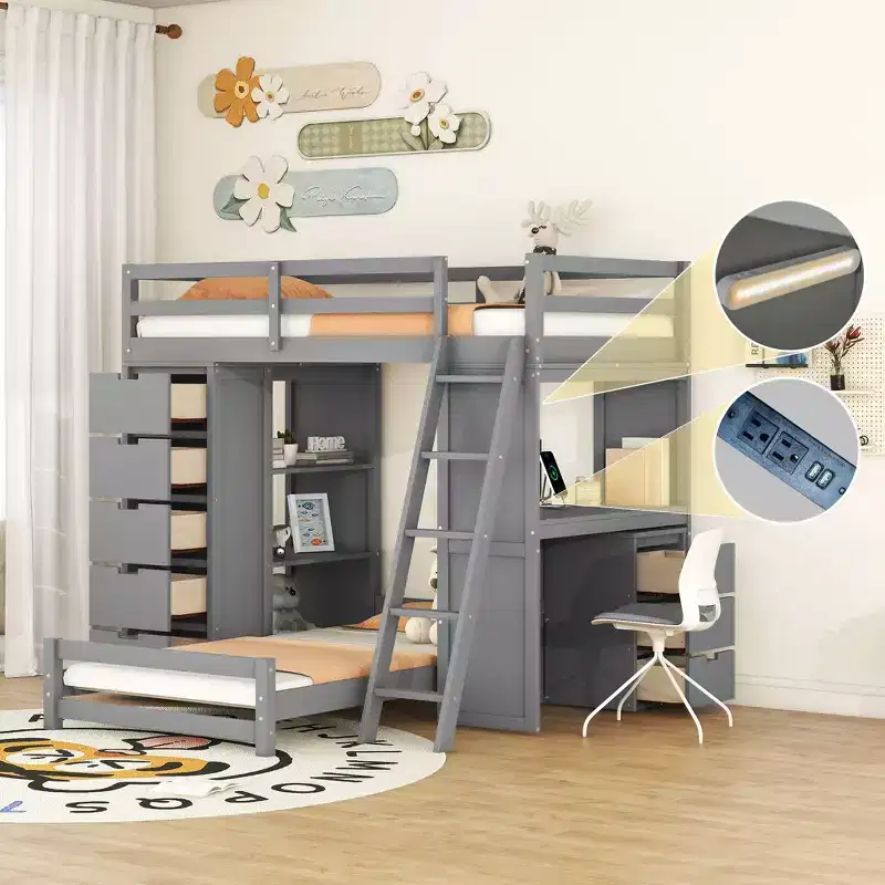 Twin over Twin Separable Bunk Beds with Desk, Drawers, USB Ports and LED Light for Kids & Teens