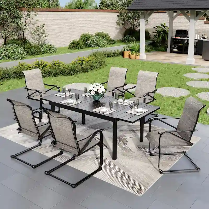 7 PCS Outdoor Patio Dining Set, 6 Spring Motion Chairs, 1 Rectangular Expandable Table