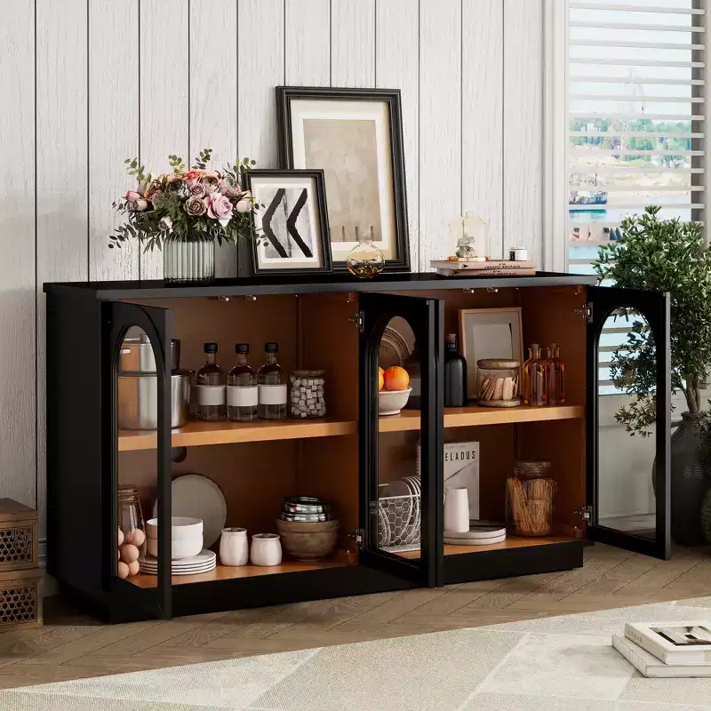 4-Door Large Storage Dining Cabinet With Glass Doors, Arched Cabinet With Adjustable Shelves For Kitchen, Dining Room