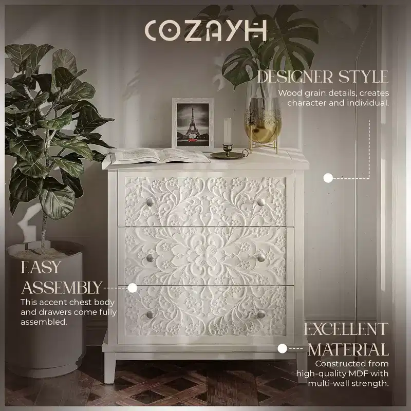 3-Drawer Flower Motif Dresser for Home & Bedroom, Fully Assembled, White