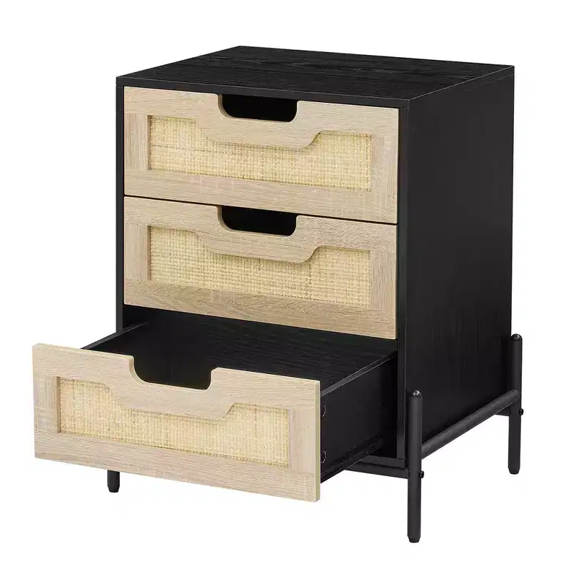2 Pack Rattan Nightstand with 3 Drawers, Metal Legs, Farmhouse Boho Bedside Table, Sturdy for Bedroom Small Spaces