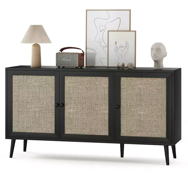 Side Panel Cabinet With 3 Rattan Doors Kitchen Storage Cabinet Modern Adjustable Legs