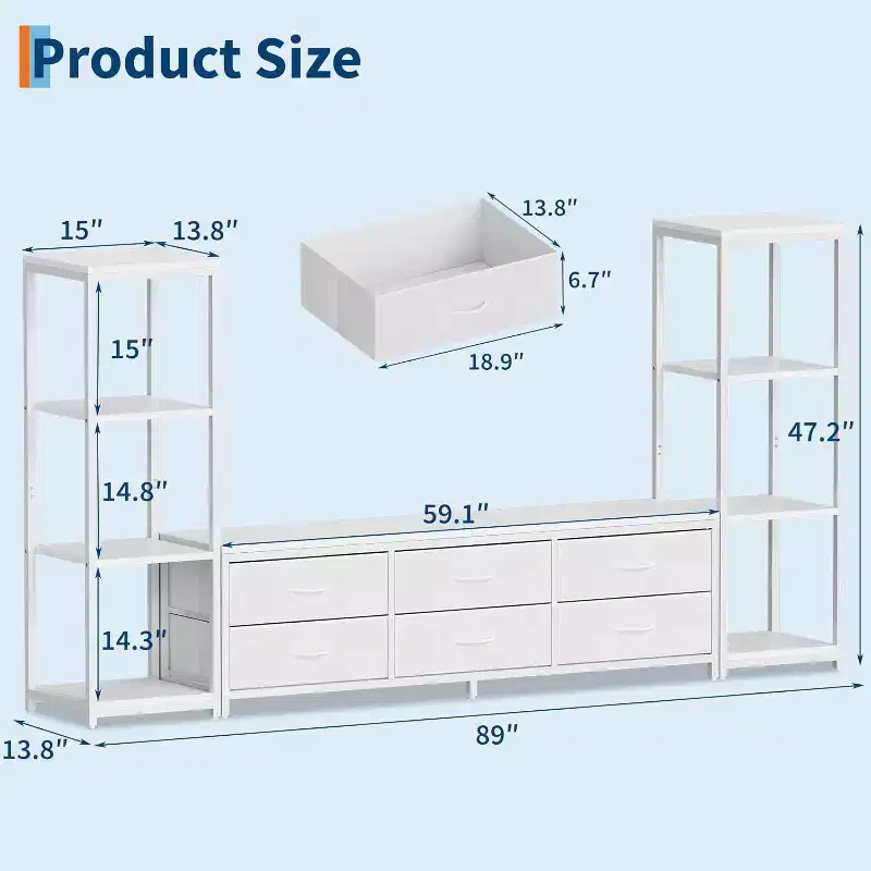Modern TV Stand Dresser with 6 Fabric Drawers & 2 Industrial 4-Tier Shelves - Large Entertainment Center Console for Living Room.