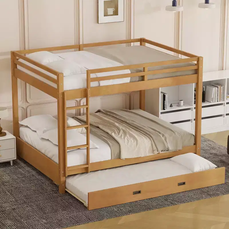 White/Natural Queen Bunk Bed with Ladder & Twin XL Trundle, Sleeps 3
