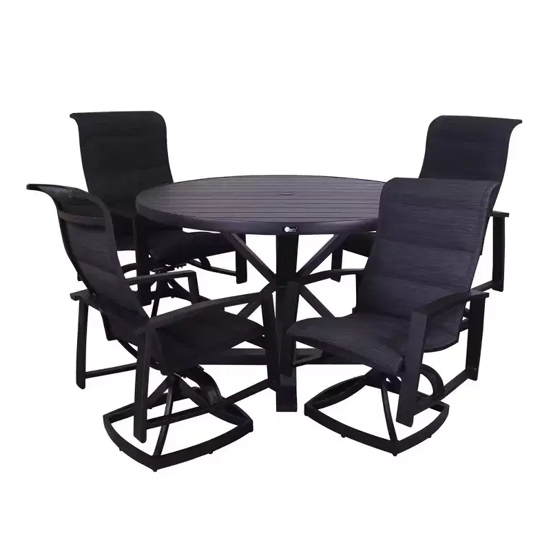 Courtyard Casual Santorini 5 pc Motion 48 Round Dining set Includes: One Round Table and Four Padded Swivel Sling Chairs