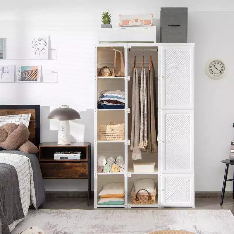 Portable Foldable Wardrobe Armoire Closet with 10 Cube Compartments and Hanging Rods