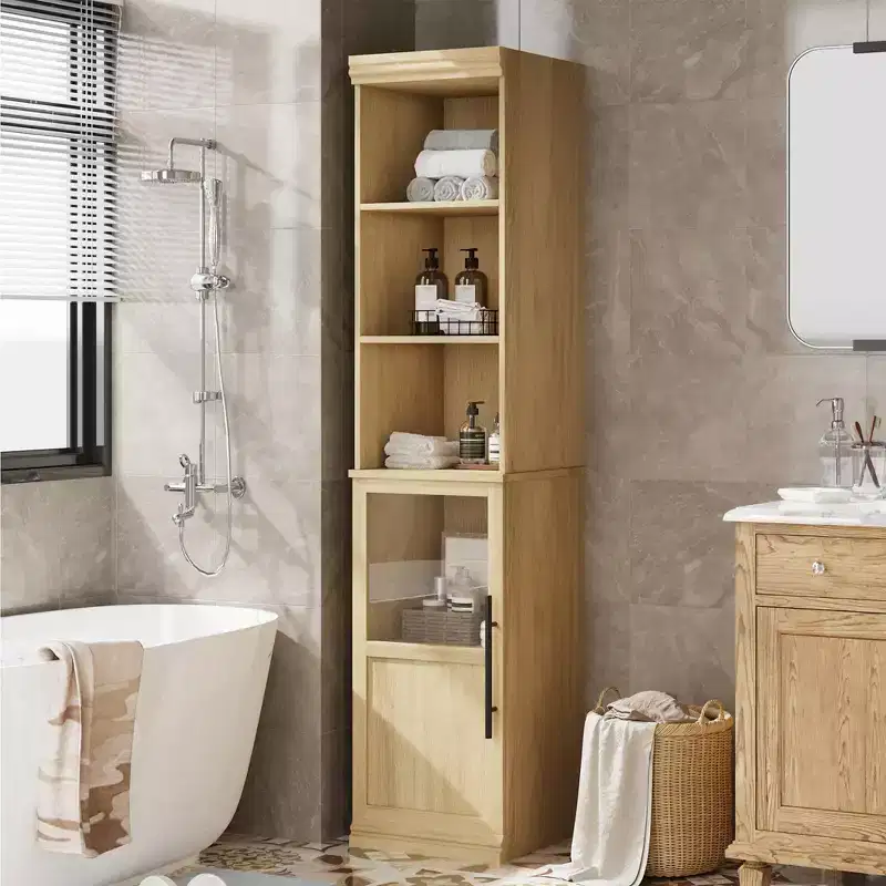 Tall Storage Cabinet with Glass Door, 70 Bathroom Storage Cabinet with Adjustable Shelves for Small Spaces