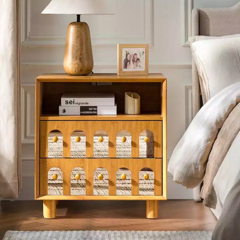 Mid-Century Nightstand with Charging Station & 2 Drawers