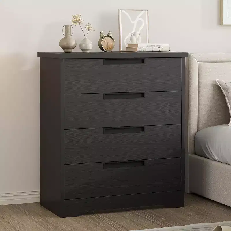 4-Drawer Black Dresser with Embedded Handles - Modern Wooden Chest of Drawers for Bedroom Living Room Nursery