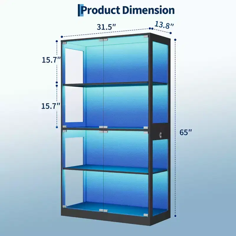 65 Display Cabinet with Glass Doors, 4-Tier Curio Cabinet with 3 Color LED Lights & Motion Sensor, Glass Display Case for Collectibles