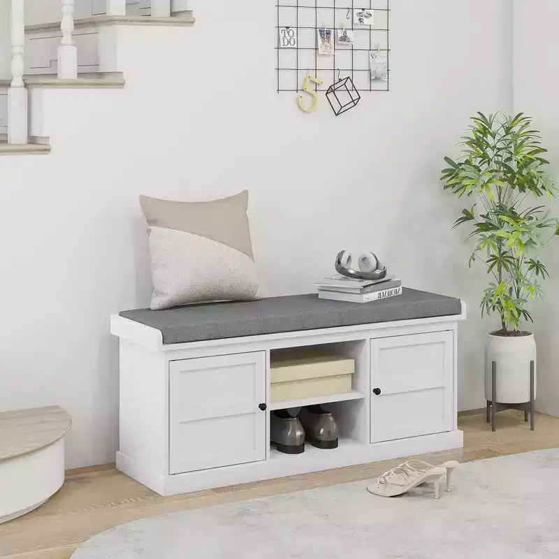 Shoe Storage Bench with Cushioned Seat, Entryway Bench Seat with 2 Drawers and Adjustable Shelf for Hallway