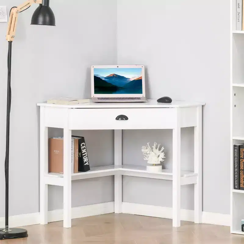 GDFStudio Gabriel Modern Corner Computer Desk with Drawer and Lower Shelves