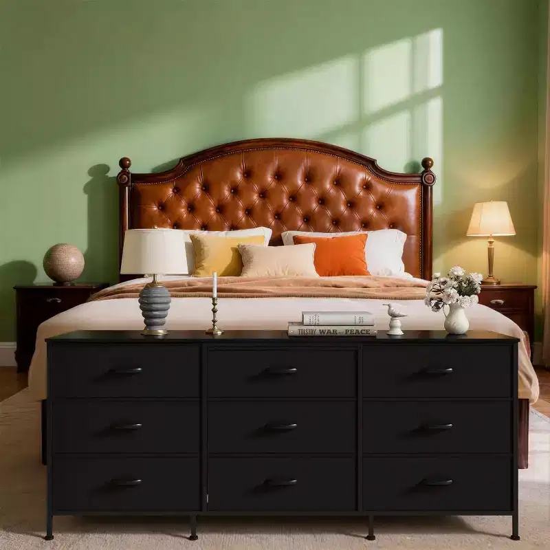 63 TV Stand with 9 Fabric Drawers and Wooden Top, Metal Frame Media Console Storage Organizer for Bedroom or Living Room