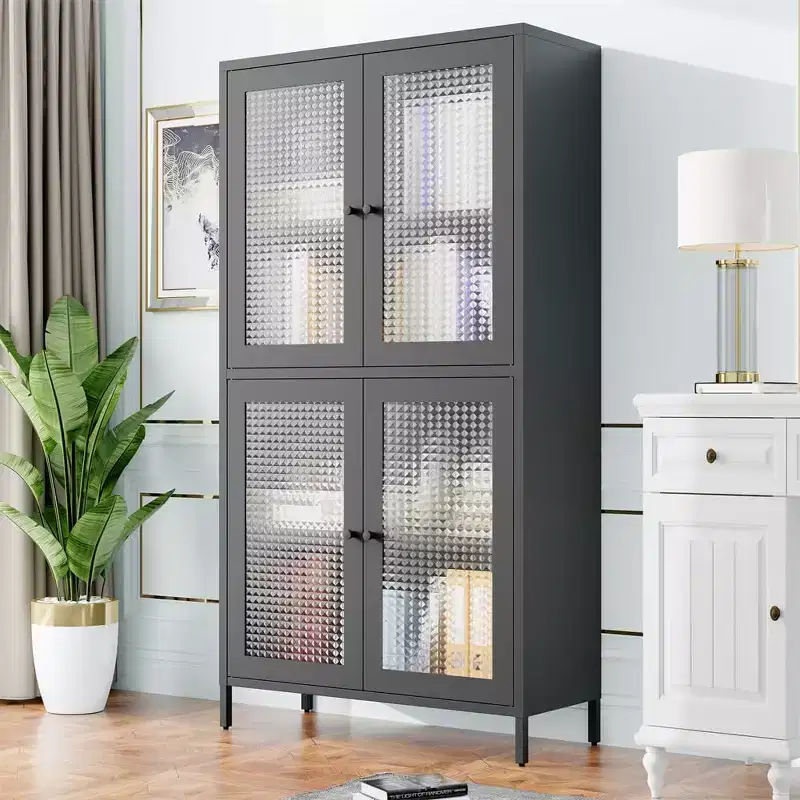 Glass Display Cabinet with Glass Door, 4 Adjustable Shelves, Tall Showcase Cabinet Bookshelf Bookcase for Home Office Pantry