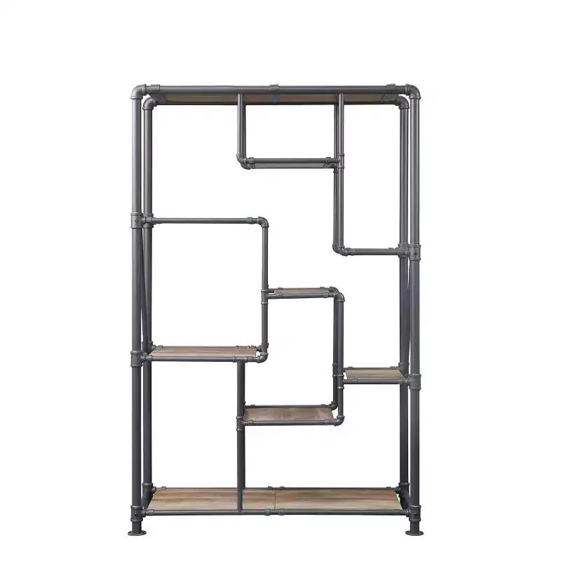 Acme Furniture 75" Brantley Bookshelf Antique Oak/Sandy Gray: Metal Frame, 7-Tier Storage, No Assembly Required