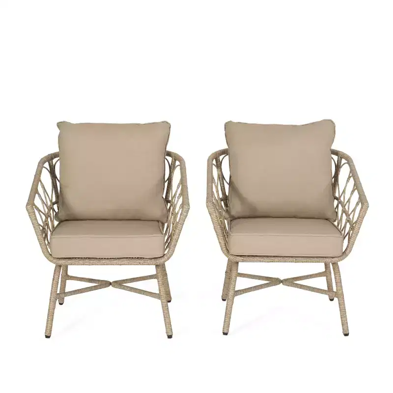 GDFStudio Colmar Outdoor Wicker and Iron Club Chairs with Cushions (Set of 2), Light Brown/Beige
