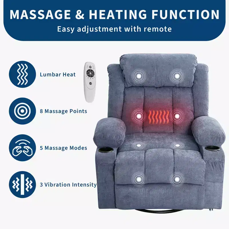 Extra-large rocking chair/recliner for living room  360 rotation, 3 tilt angles, double cup holders with side pockets  single sofa seat
