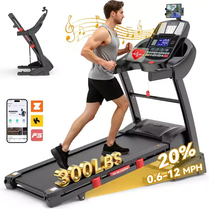 20% Auto Incline Treadmill 4.5HP, 300LB Treadmill for Home, Foldable Running Walking Machine w/ APP Control, 71 Programs, 12MPH, Bluetooth Speakers