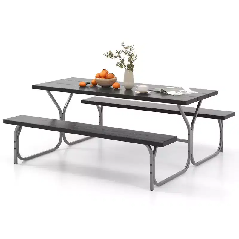Costway 6 FT Picnic Table Bench Set Outdoor Dining Table & 2 Benches with Metal Frame Green/White/Black/Grey
