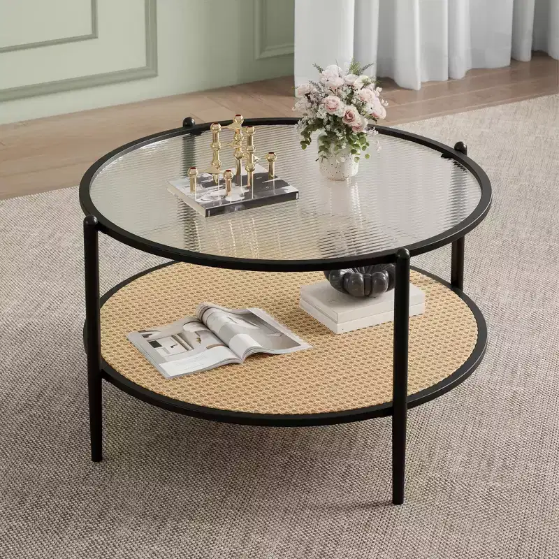 Round Coffee Table with Storage Shelf, 30 Modern Simple 2 Tier Boho Glass Top Metal Center Table, Farmhouse Circular Cocktail Tables for Living Room