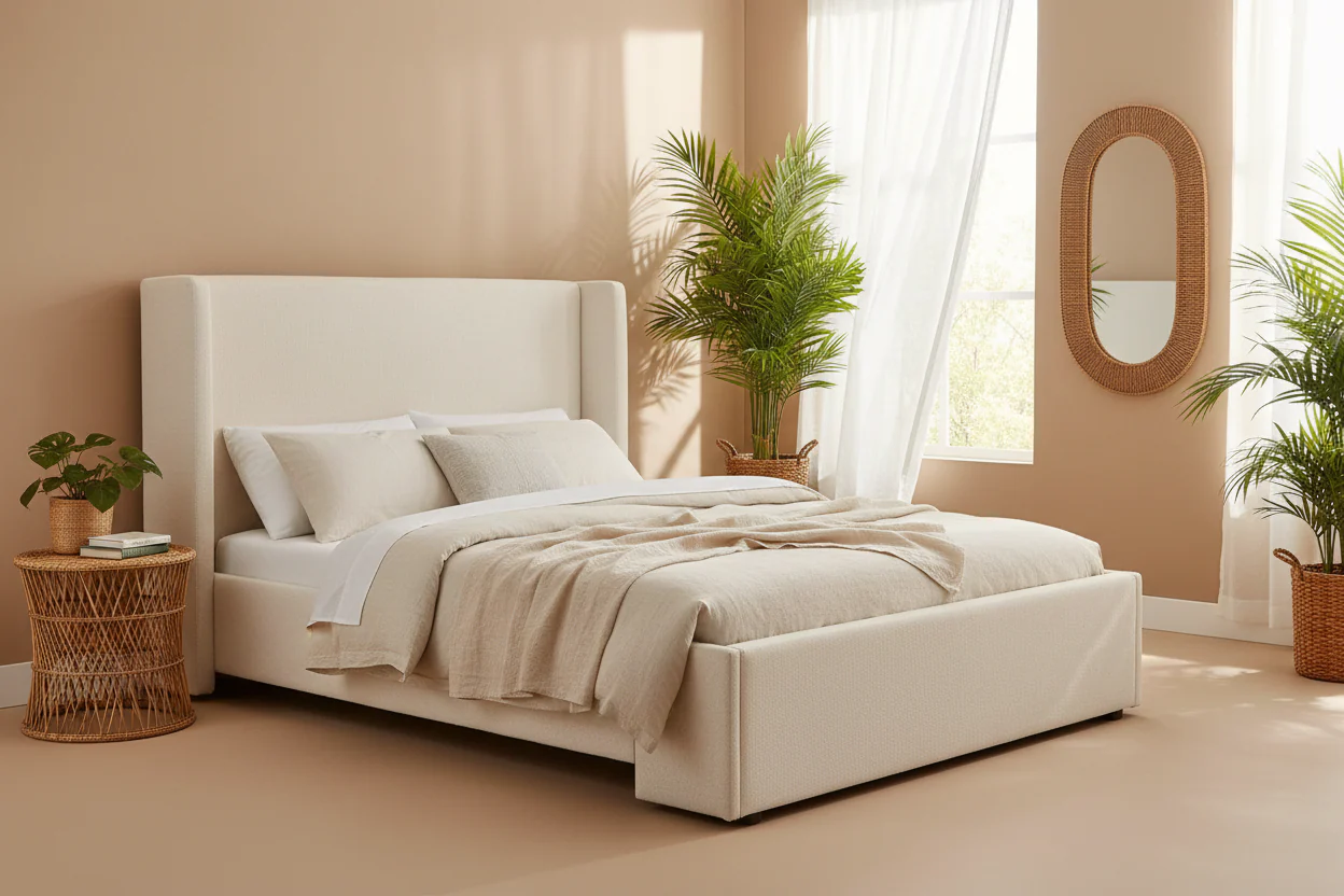 '- Isabella Queen White Fabric Upholstered Bed with Tall Wingback Headboard