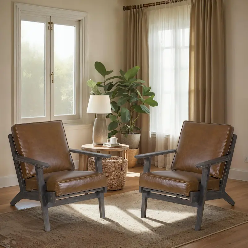 Amber Accent Chair, Handcrafted Slatted Mango Wood, Buffalo Leather Cushions, Angled Legs