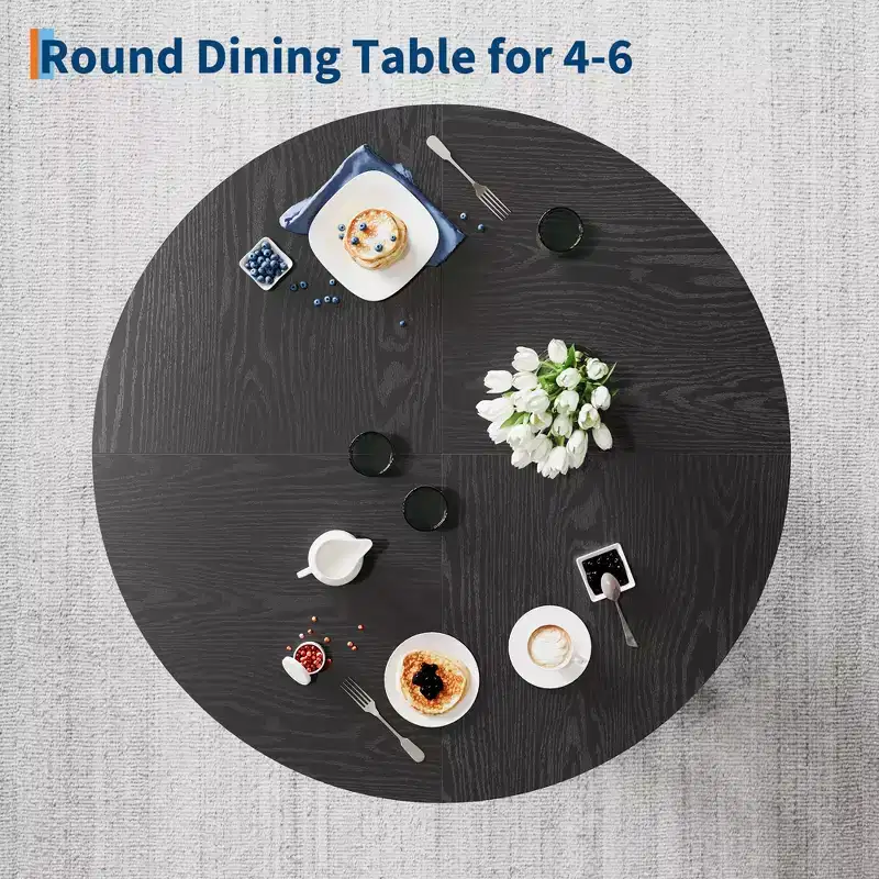 Modern Farmhouse Round Dining Table for 4-6  Walnut Wood, Robust 4-Leg Base  Space-Saving Circle Table for Kitchen, Dining Room, Apartment