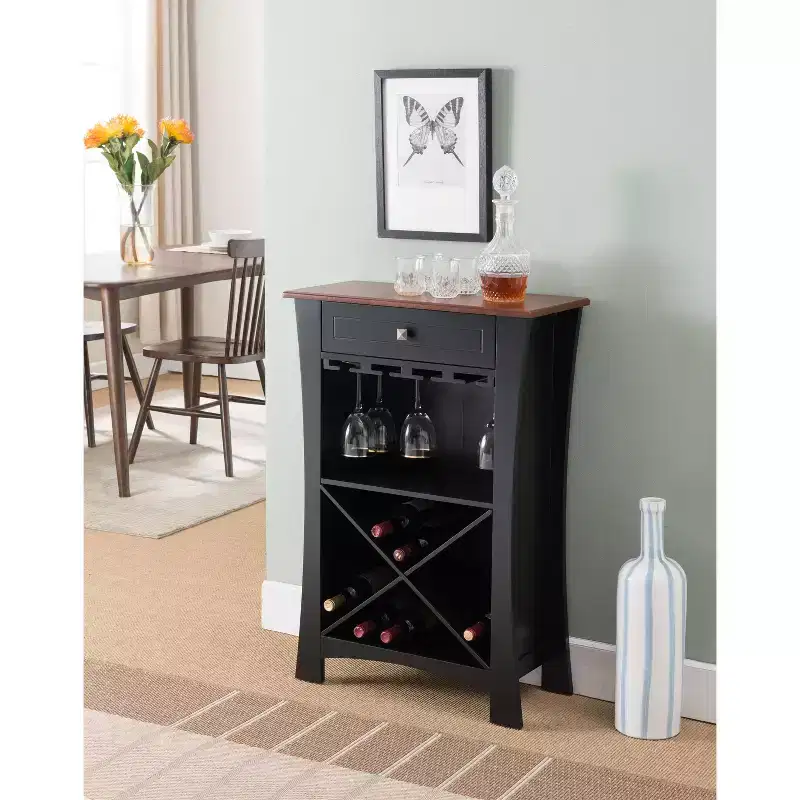 Bar Cabinet Wine Storage with Glass Holders & Drawer - Black or White