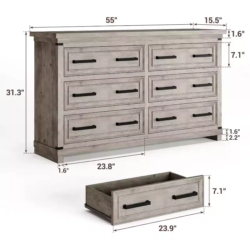 55 Farmhouse Chest of Drawers, 6 Drawer Dresser, with Natural Texture, with Metal Handle, for Living Room, Entryway