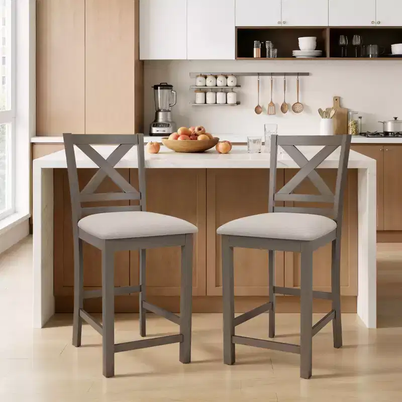 Ergonomic Bar Stools with X-Back Design, Breathable Fabric, Footrest, for Dining Room and Bar