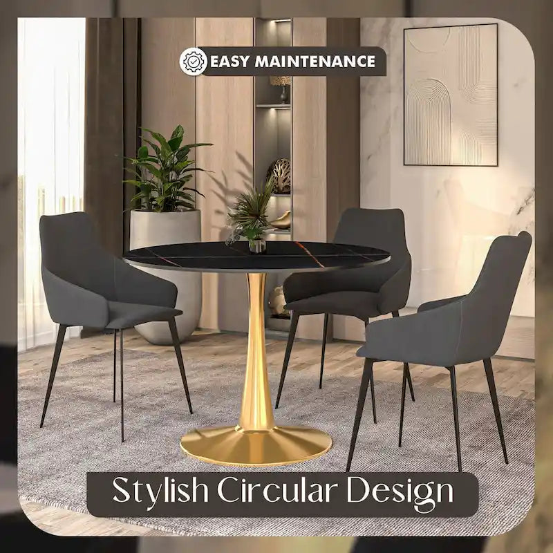 Round Dining Table 40 Sintered Stone Tabletop in Gold Steel