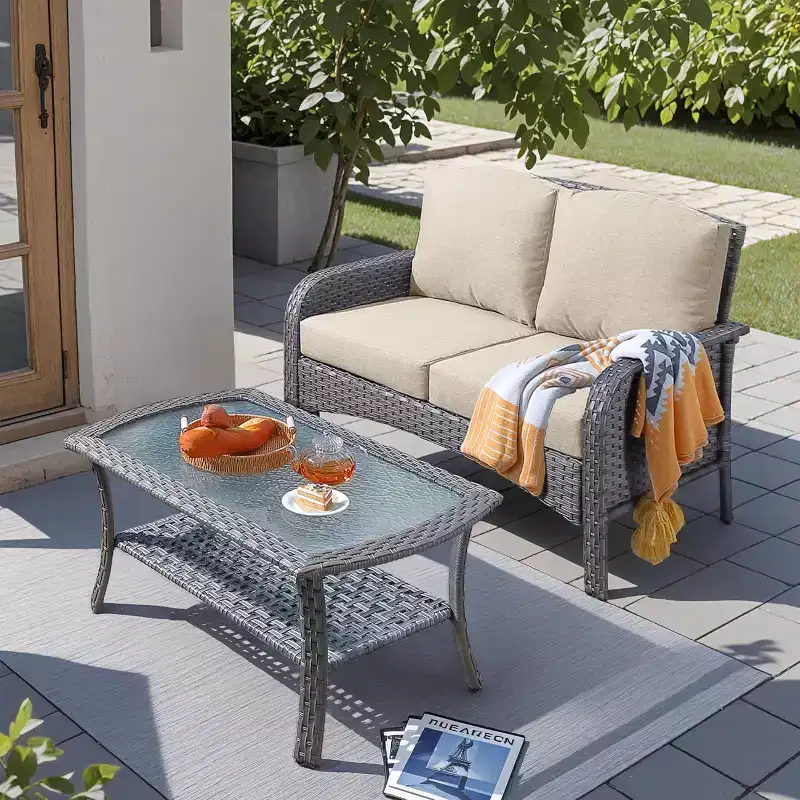 HOMLUX 2 PCS Wicker Outdoor Patio Conversation Set All Weather Porch Deck Balcony Backyard Furniture