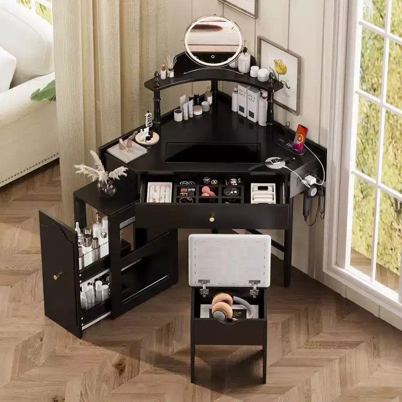 Whisen Corner Vanity Table with Storage Cushioned Stool, Charging Station, Removable Pull-Out Side Cabinet