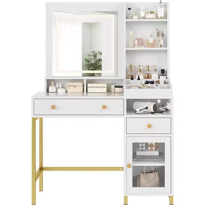 Vanity Desk with Lighted Mirror, Large Makeup Dressing Table Whit Power Outlet 2 Drawers 1 Cabinet and Open Storage Shelves for Bedroom Women Girls