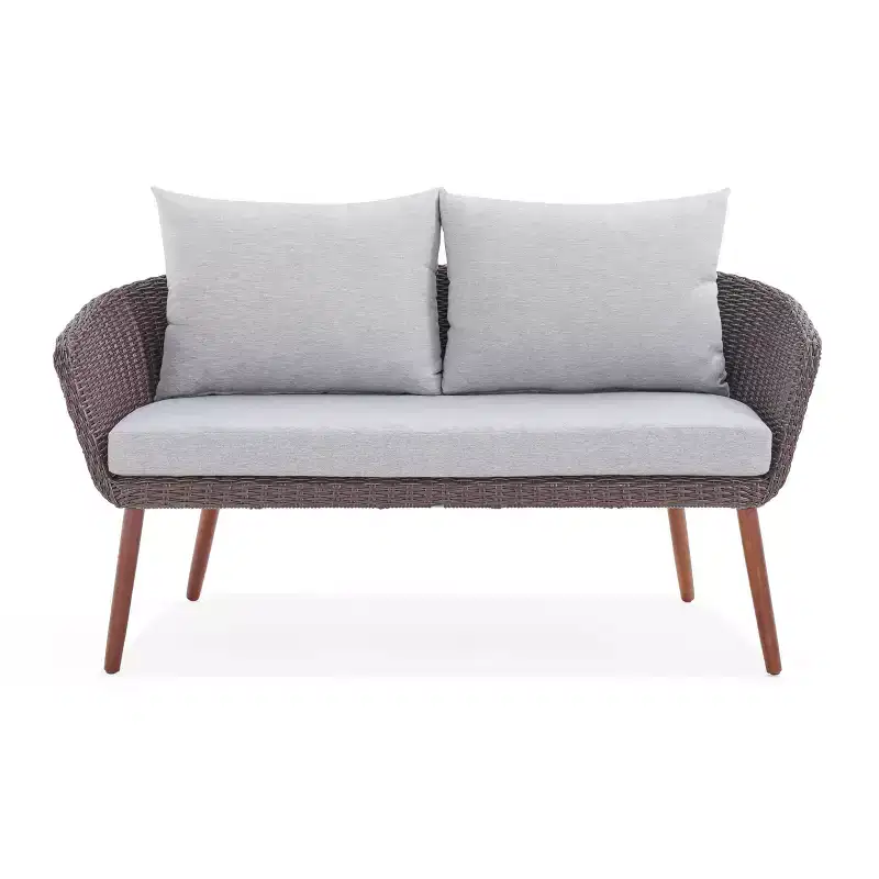 All-Weather Wicker Athens Outdoor 2-Seat Bench with Cushions Brown - Alaterre Furniture: Porch Loveseat, Weather-Resistant