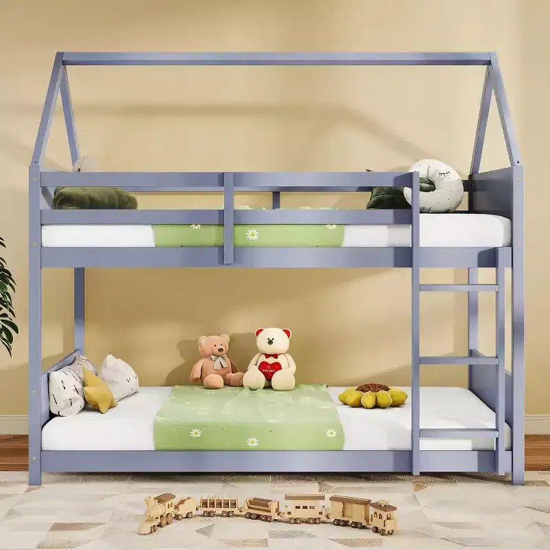 Zevemomo Twin Over Twin House Shaped Bunk Bed Frame with Ladder, Full-Length Bed Rail, Slats for Dormitory and Bedroom, Space Saving, Grey