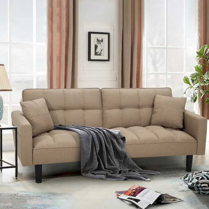 AVAWING 74 Modern Tufted Convertible Futon Sofa Bed with 2 Pillows