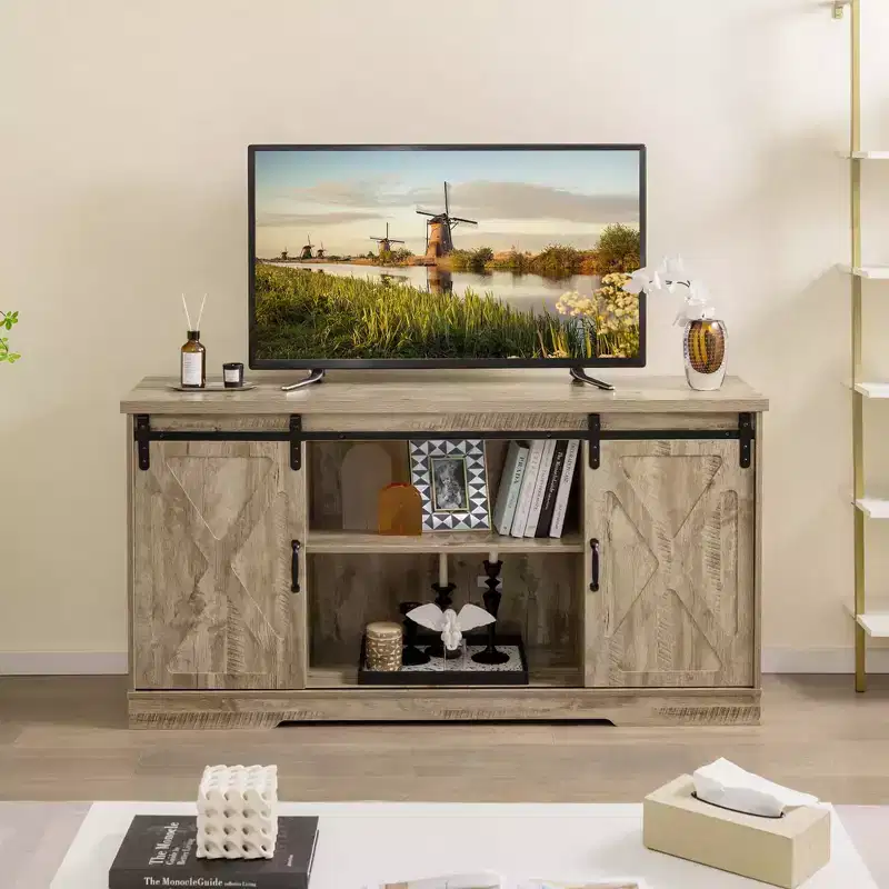 Costway TV Stand Farmhouse Cabinet Sliding Barn Door Adjustable Shelves for TV up to 65''