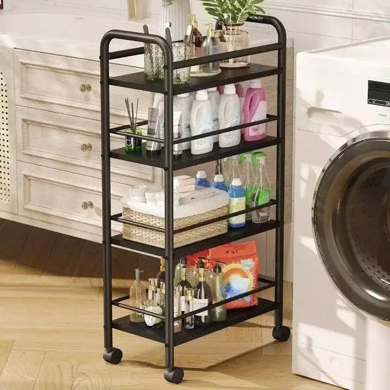 Slim Storage Cart 4 Tier Metal and Wood Rolling Bathroom Cart Black Narrow Kitchen Laundry Room Utility Cart on Wheels