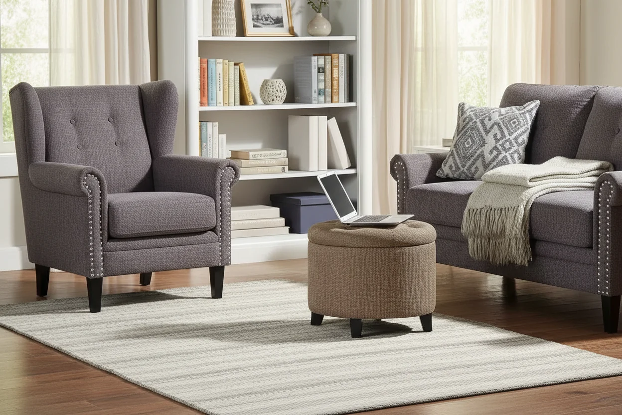 Round Storage Ottoman with Padded Seat and Hidden Storage